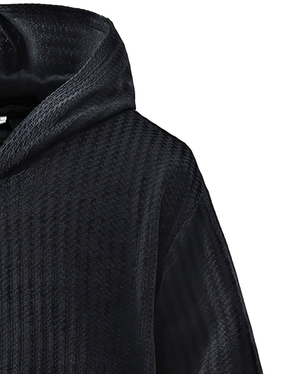 Hoodie med huva och känguruficka, ribbad textur