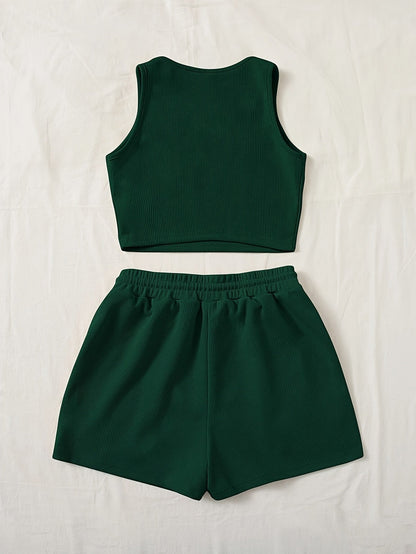Dam Lounge Set – Ribbat Crop Top och Shorts för Vardagsbruk och Fritid