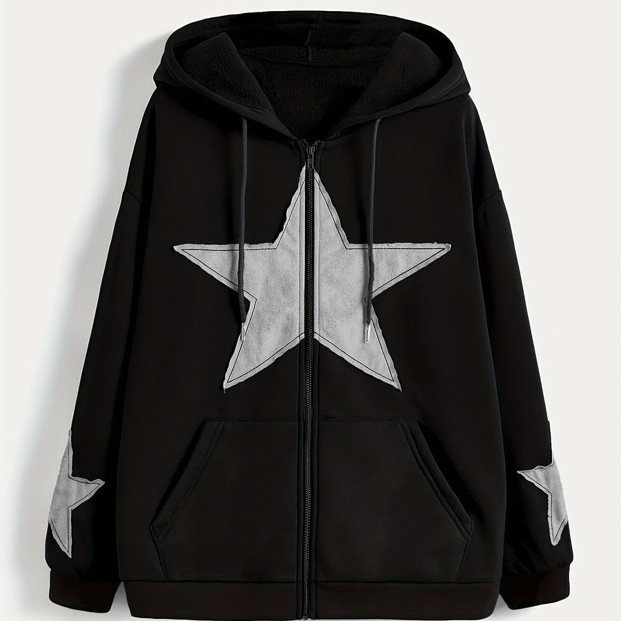 Brun Zip-up Hoodie med Huva och Stjärnmotiv – Rymlig Passform