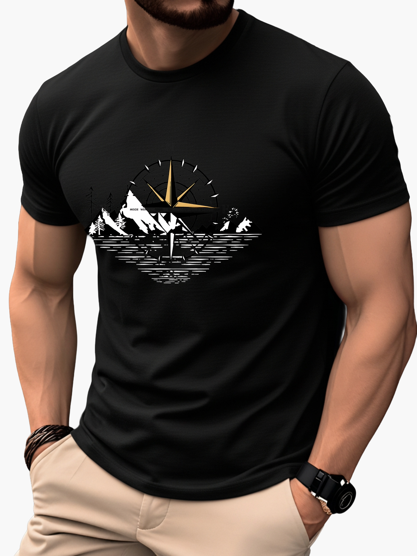Herr T-shirt med kompass och berg – Äventyrsdesign för friluftsliv och vardag