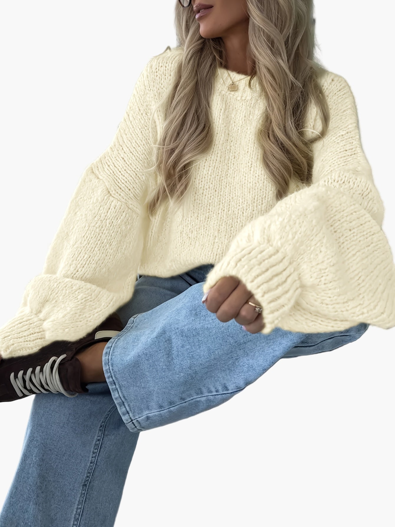Damstickad oversized tröja med ballongärmar för höst och vinter, avslappnad stil