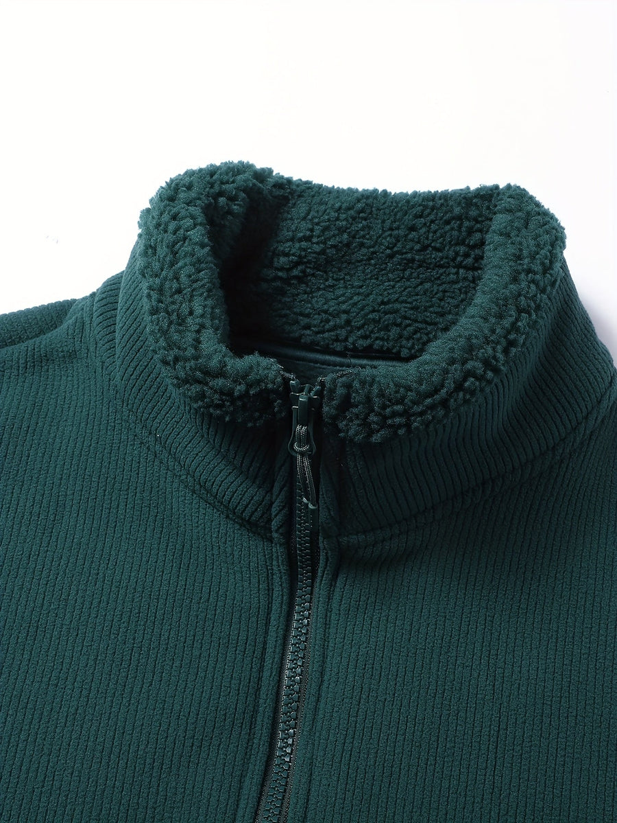 Unisex Ribbad Väst med Fleecefoder och Dragkedja, Fickor, Stående Krage
