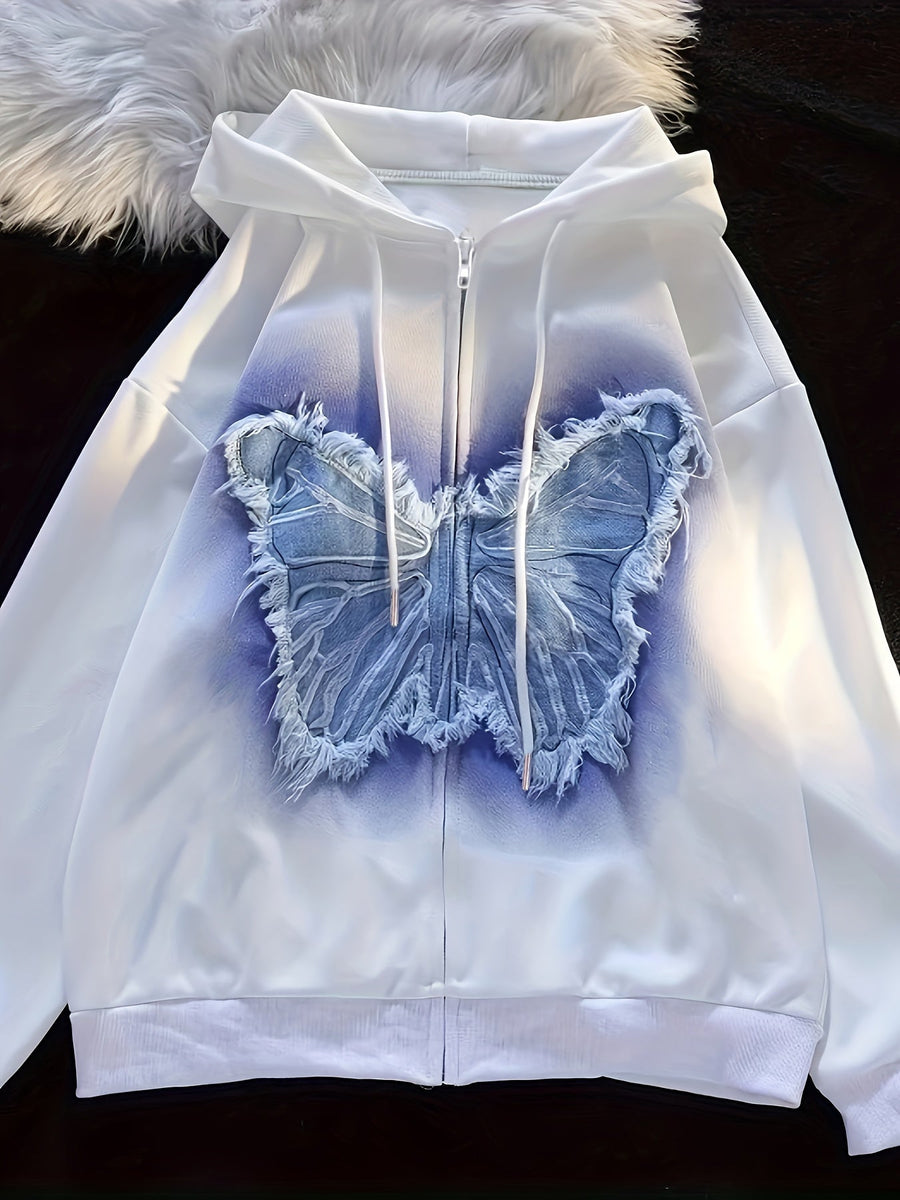 Vit huvtröja med dragkedja och fjärilsdetalj, unisex