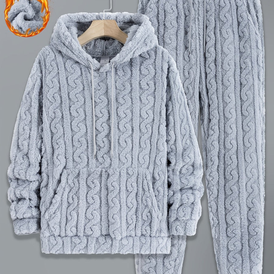 Herr Fluffig Hoodie och Byxor Set med Kabelstickat Mönster, Varm Mjuk Pyjamasdräkt