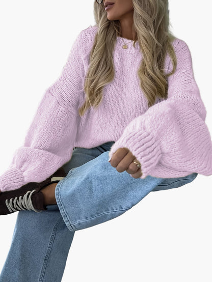 Damstickad oversized tröja med ballongärmar för höst och vinter, avslappnad stil
