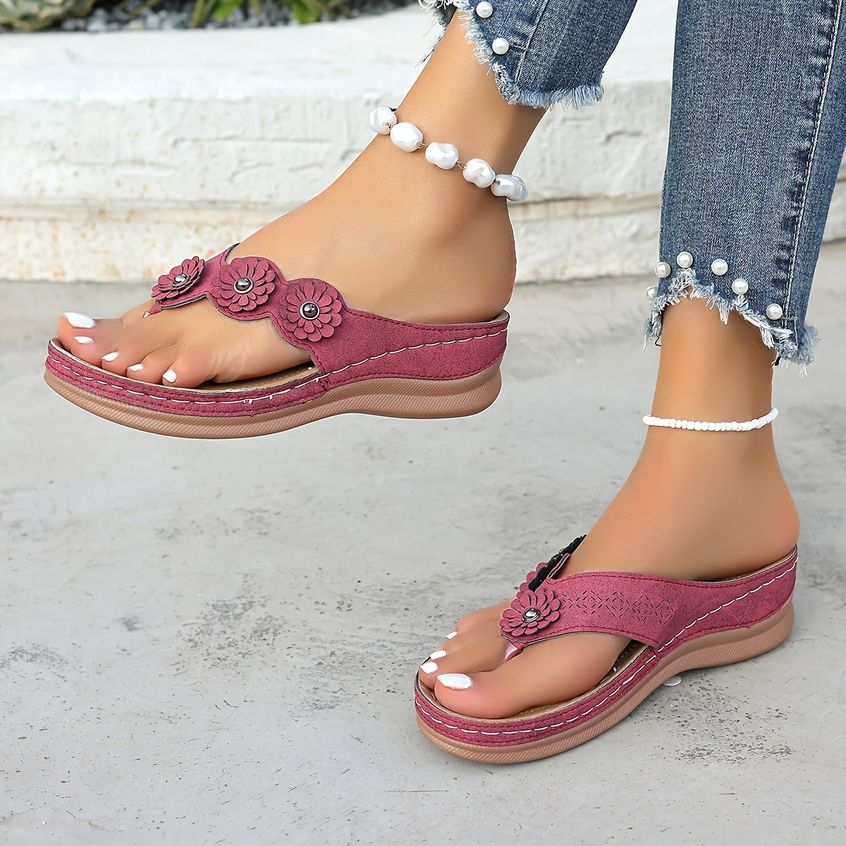 Dam Sandaler med Blommor - Casual Flip Flops för Sommar och Fritid