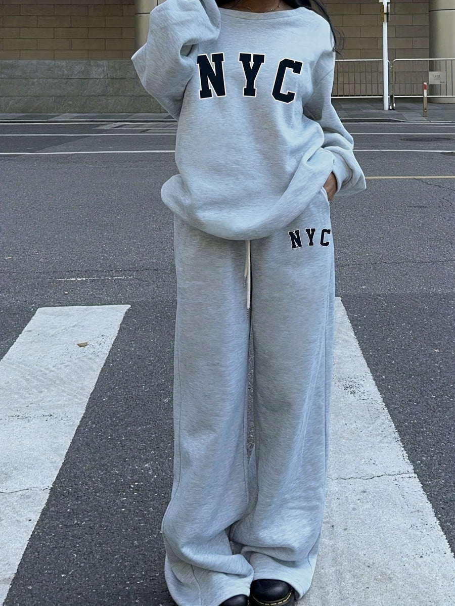 Grå Långärmad Tröja och Byxor med Löst Sittande Passform "NYC" Tryck