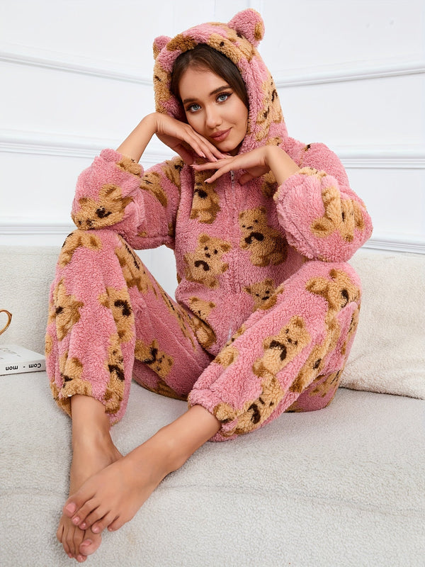 Rosa Fluffig Onesie med Björnmönster och Huva med Öron