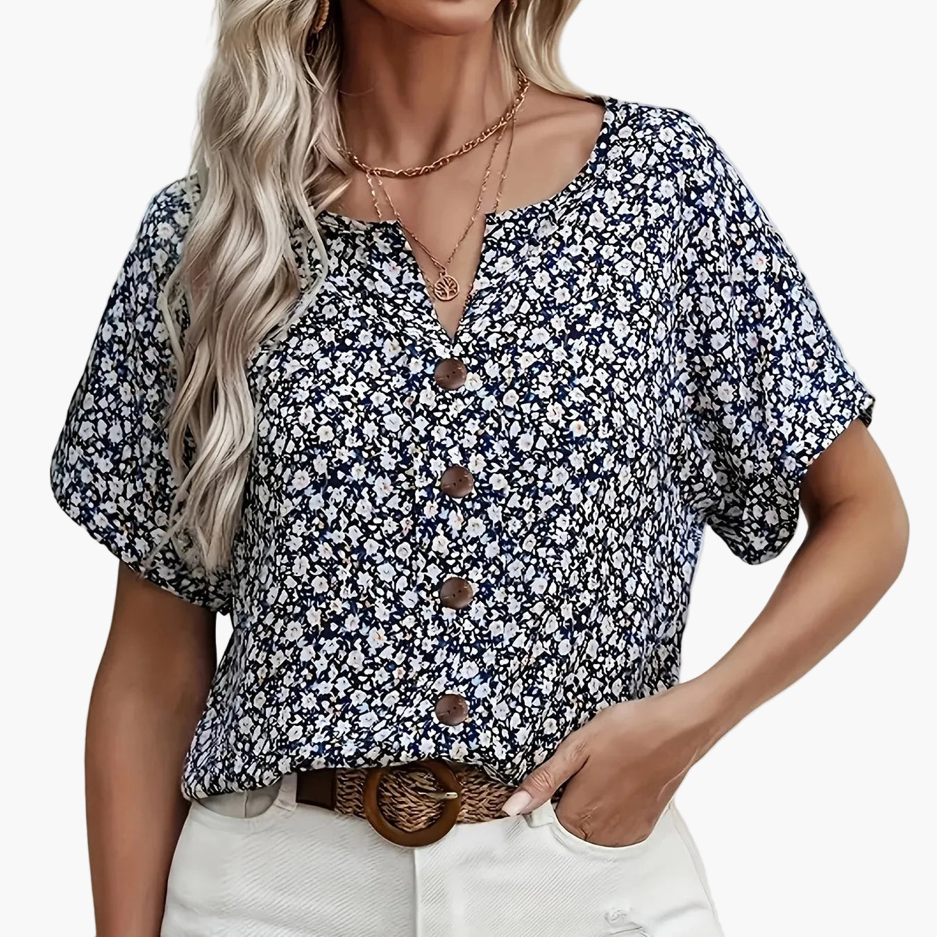 Dam Blommig Kortärmad Skjortblus – Elegant Sommarstil för Vardag och Semester