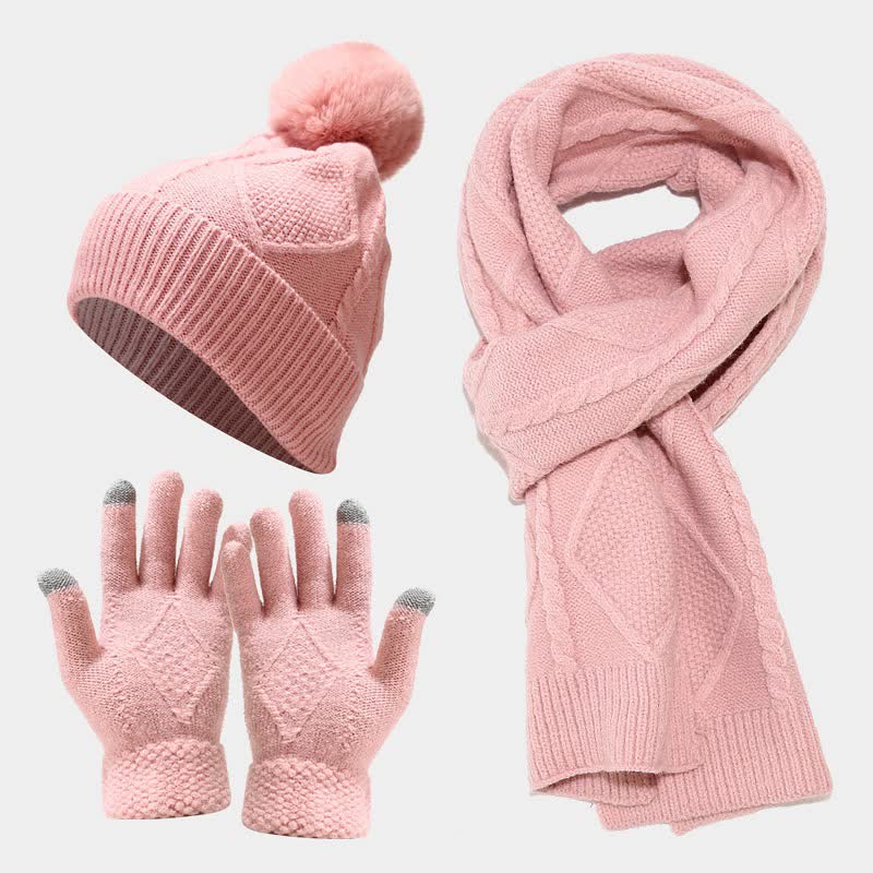 Mössset med mössa, halsduk och handskar, stickat med diamantmönster och pompom