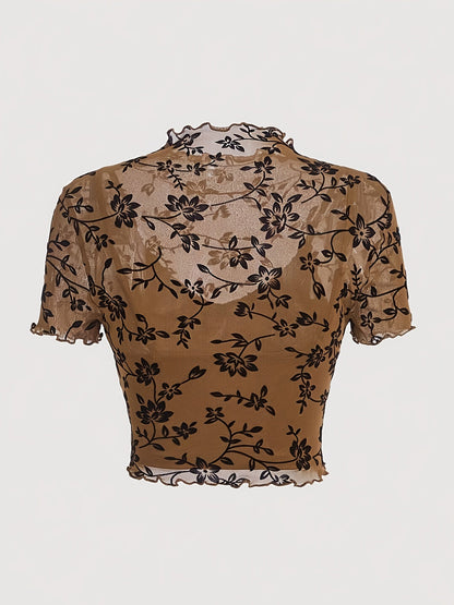 Dam Topp Elegant Mesh Blommönstrad Kortärmad Festtop