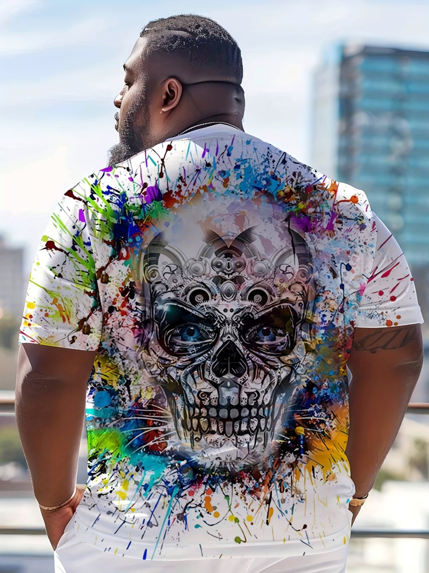 Herr T-shirt med färgstarkt dödskalletryck, streetwear-stil, kortärmad, plus size