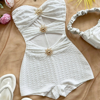 Dam Baddräkt Retro Bandeau Leopardmönstrad med Utskärningar och Dekorativa Spännen – Perfekt för Strand och Pool