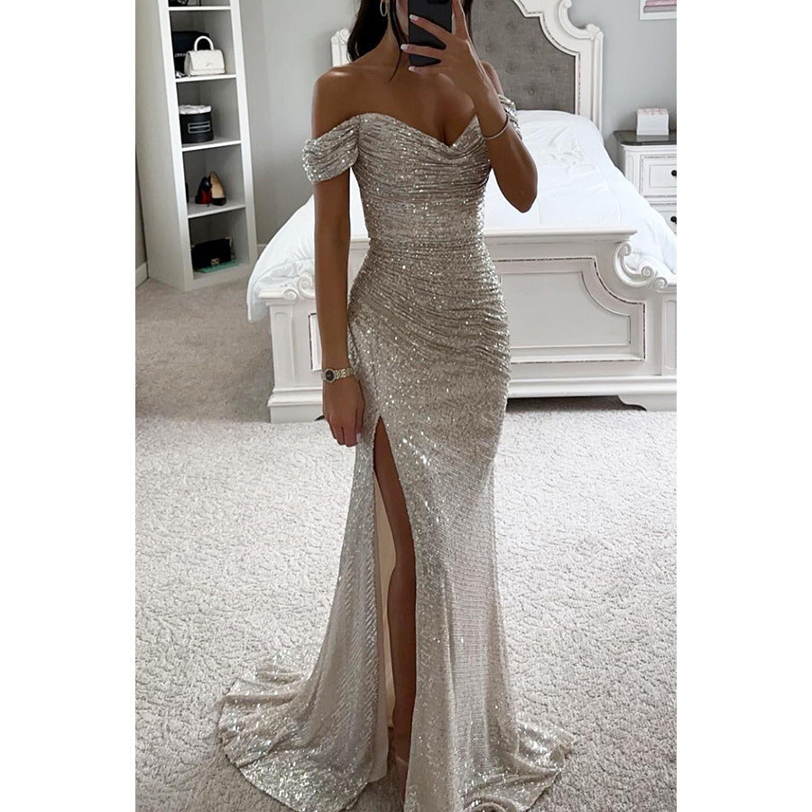 Somrig glittrig festklänning dam – elegant off shoulder långklänning för sommarbröllop och fest