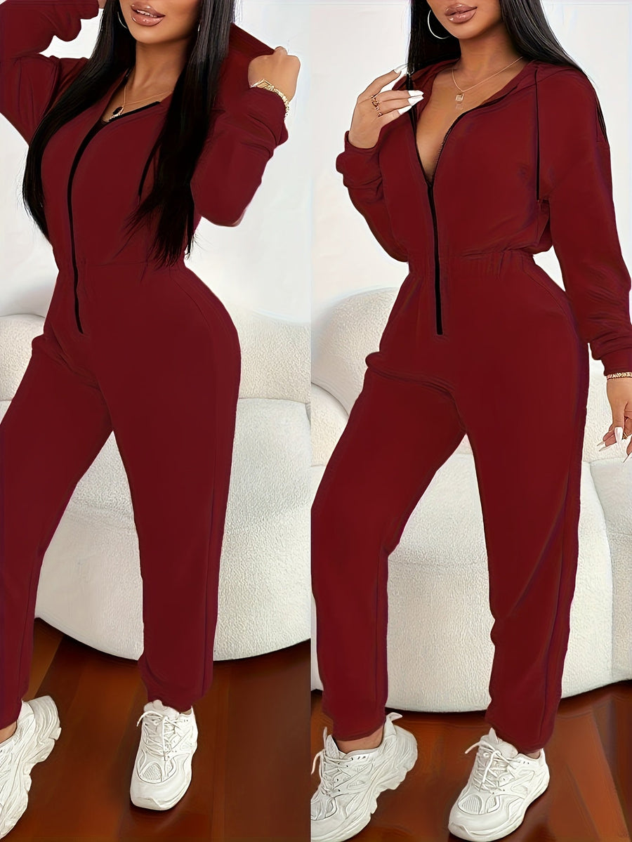 Dam jumpsuit med huva, lång dragkedja och resår i midjan - Beige