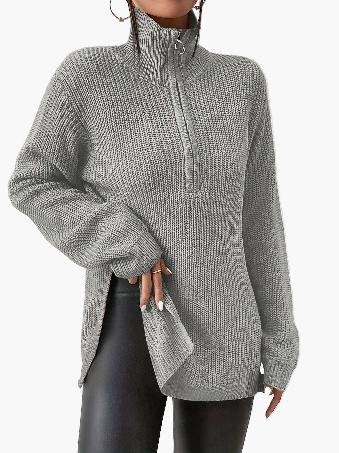Damtröja med halv dragkedja och hög krage – Trendig stickad pullover för höst och vinter