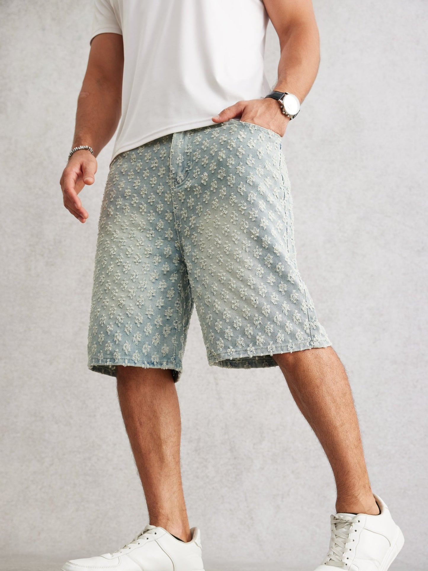 Herr Bermuda Shorts Streetstil – Knälånga Shorts med Textur och Avslappnad Passform