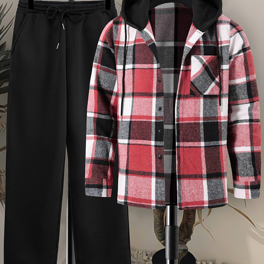 Rutig Hoodietröja med Skjortkrage och Byxor, Herrset med Långärmad Tröja och Sweatpants