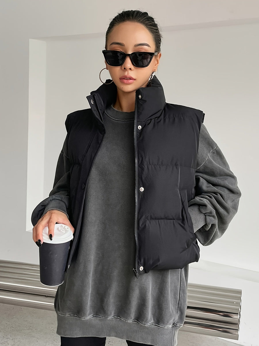 Kort Puffer Väst med Hög Krage för Dam, Beige