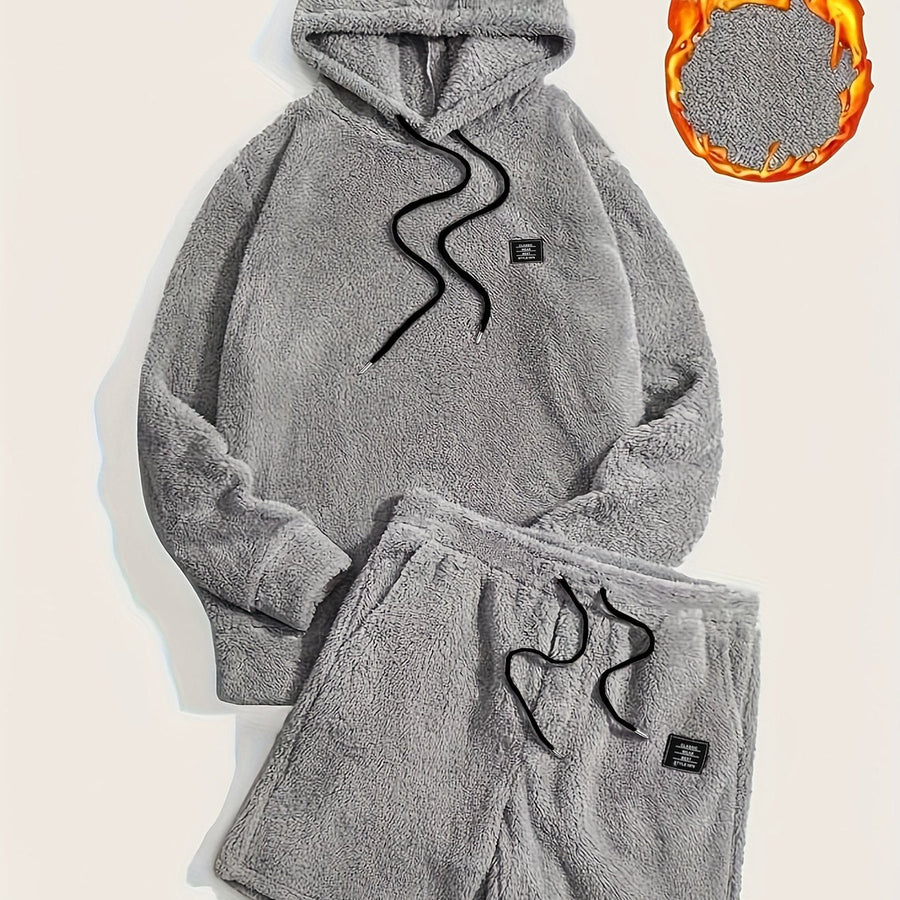 Grått teddyfleeceset med huvtröja och shorts