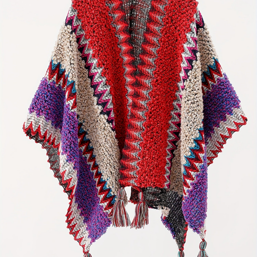 Mönstrad stickad poncho med fransar och hög krage, färgglad zig-zag