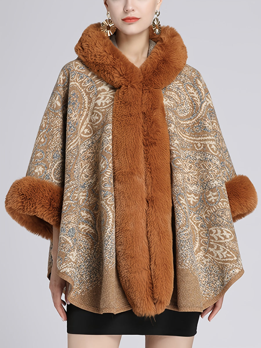 Mönstrad Poncho med Fuskpälsdetaljer och Huva Brun