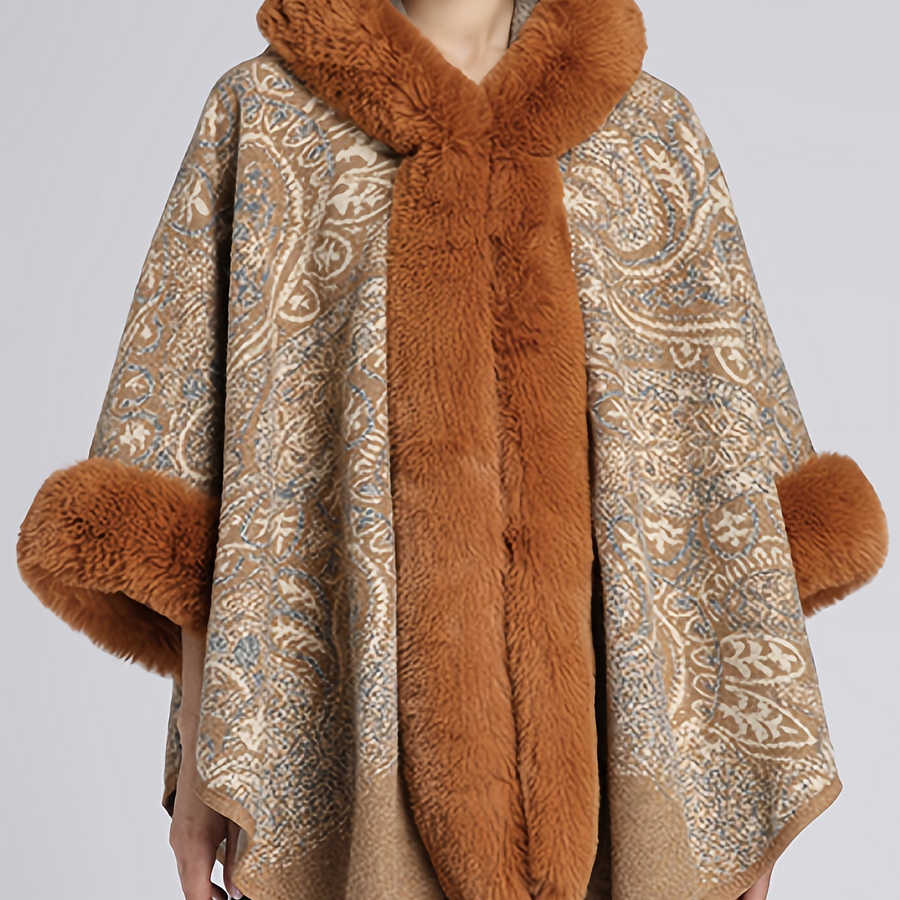 Mönstrad Poncho med Fuskpälsdetaljer och Huva Brun
