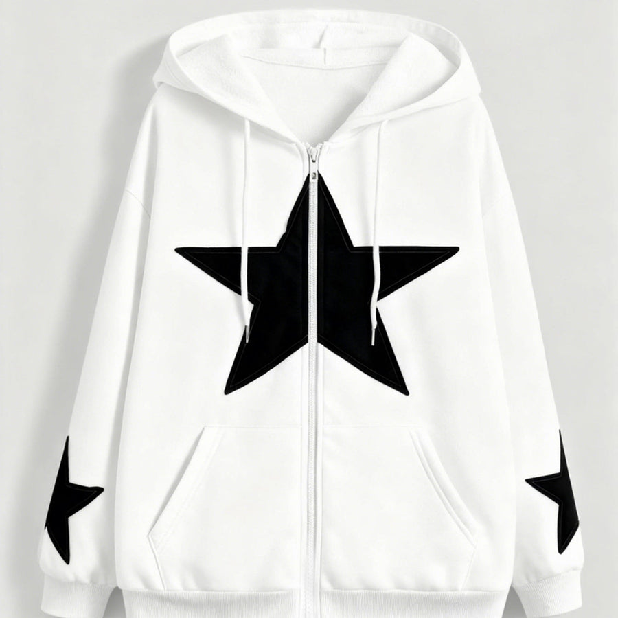 Brun Zip-up Hoodie med Huva och Stjärnmotiv – Rymlig Passform