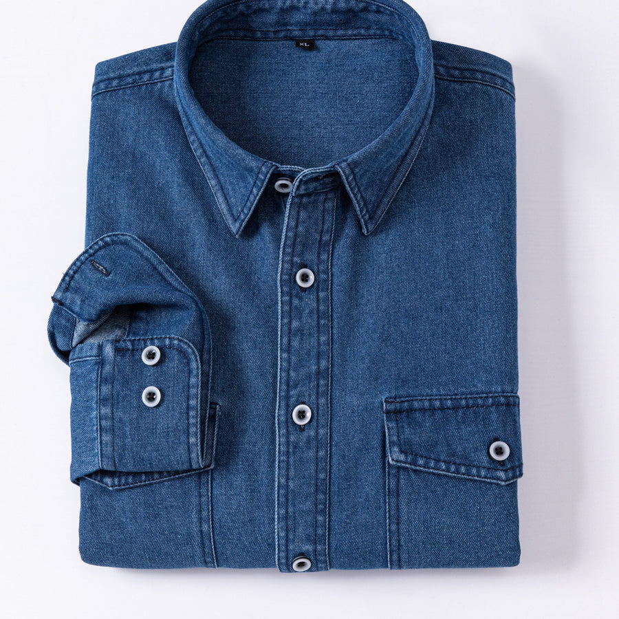 Jeansskjorta med lång ärm och bröstfickor i denimlook