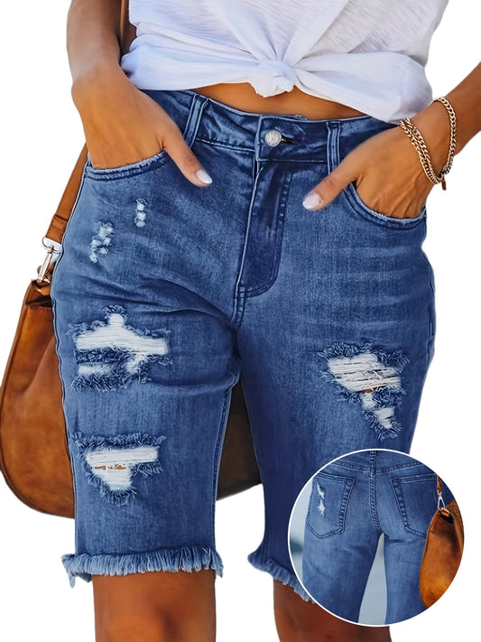 Dam Bermuda Shorts med Ripped Detaljer och Fransad Kant – Trendiga Jeansshorts för Sommar och Vardag