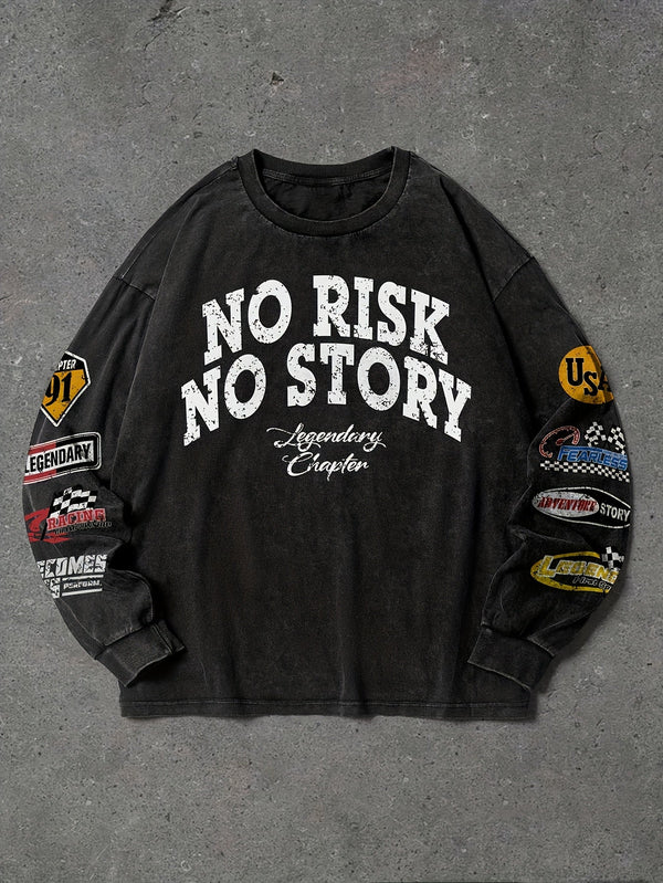 Svart långärmad tröja med "No Risk No Story" text och ärmdetaljer