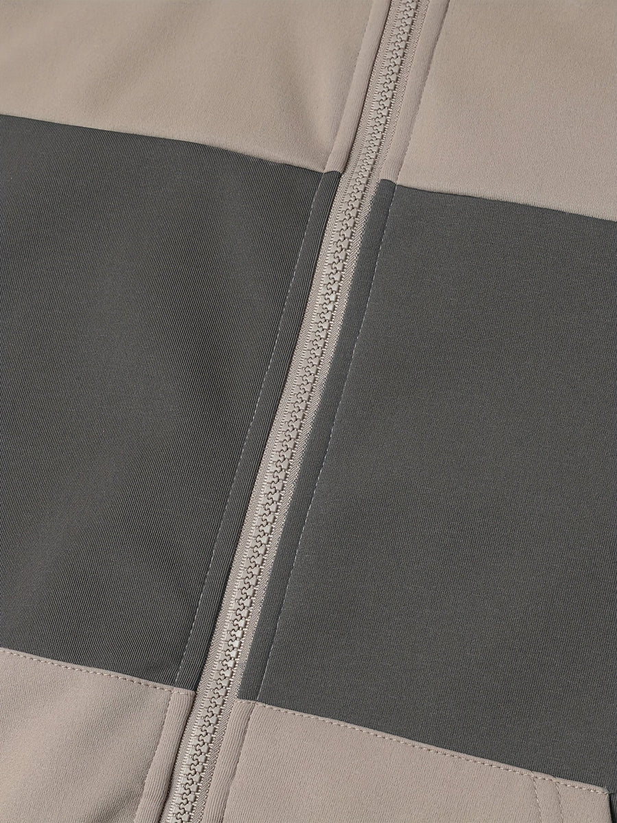 Hoodie med dragkedja, tvåfärgad blockdesign och luva