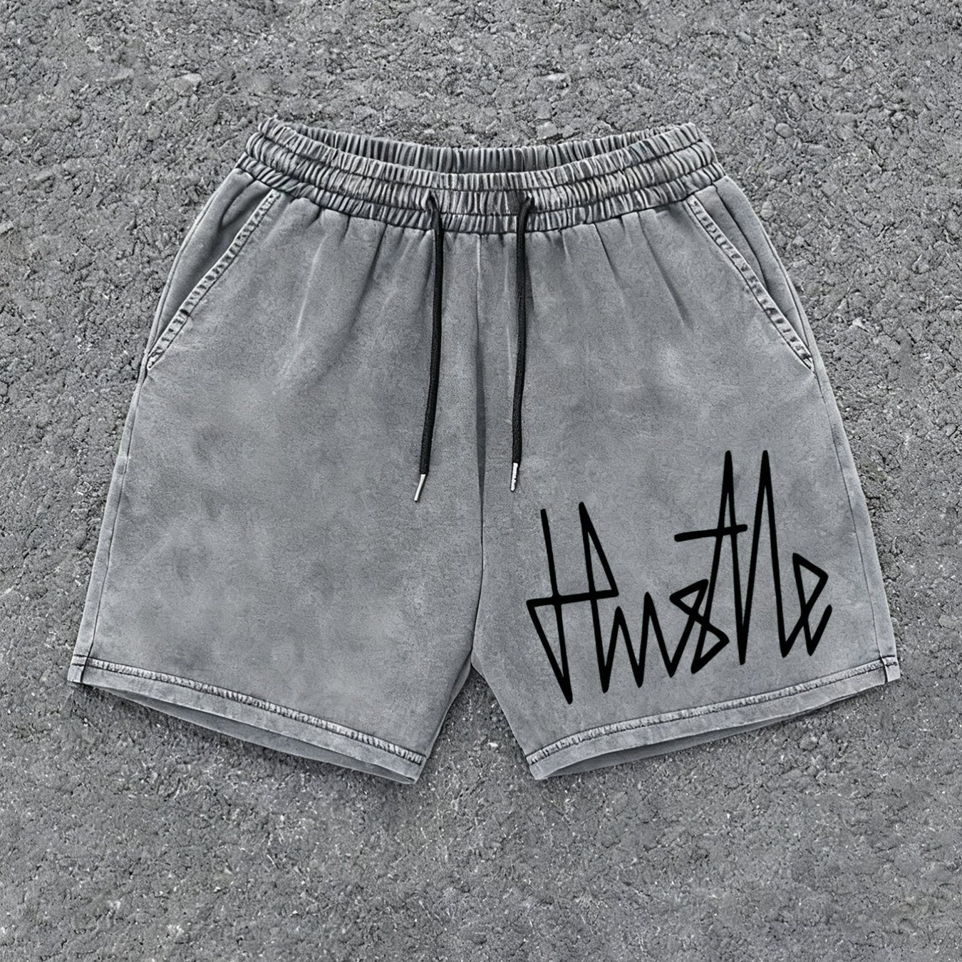 Herrshorts Streetwear med Hustle-tryck, avslappnad stil för vardagsbruk