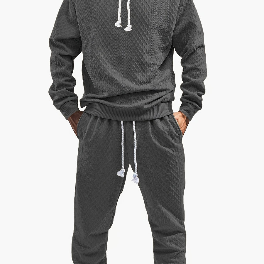 Rutigt Herr Set med Hoodie och Mjukisbyxor i Strukturerat Material