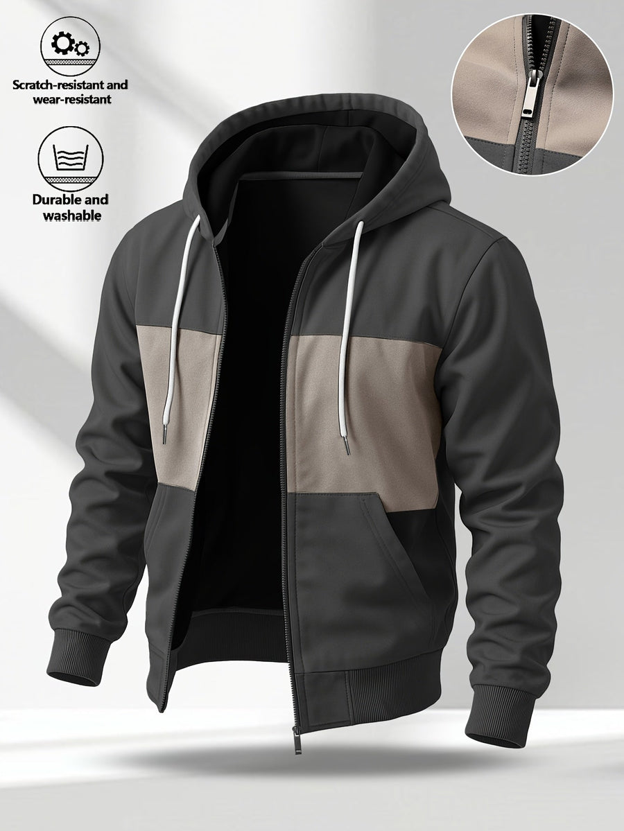 Hoodie med dragkedja, tvåfärgad blockdesign och luva