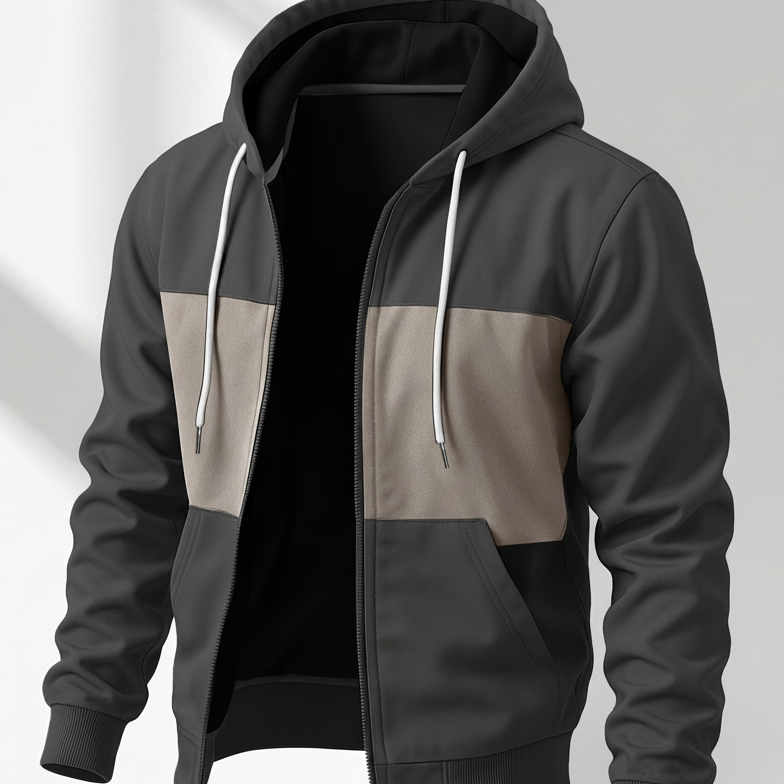 Hoodie med dragkedja, tvåfärgad blockdesign och luva