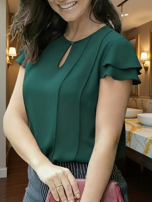 Dam Elegant Blus för Kontor och Fritid med Volangärm och Nyckelhålsdetalj