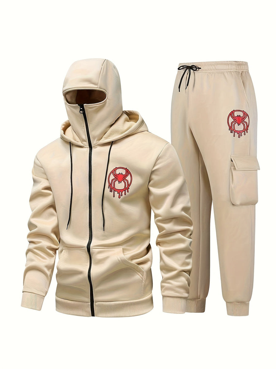 Hoodie och byxor set med spindelmönster, dragkedja och balaclava