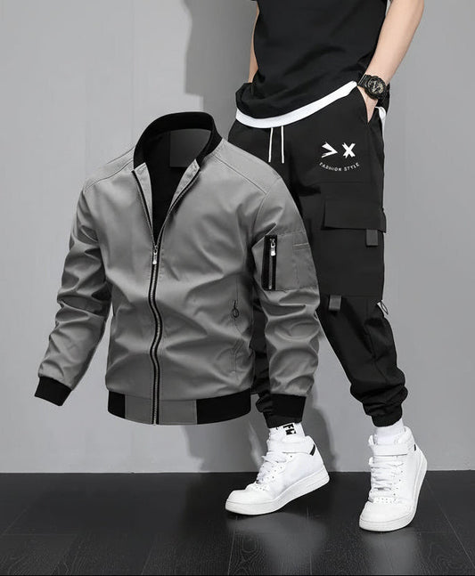 Herr Set med Jacka och Cargobyxor – Trendigt Streetwear för Vår och Höst