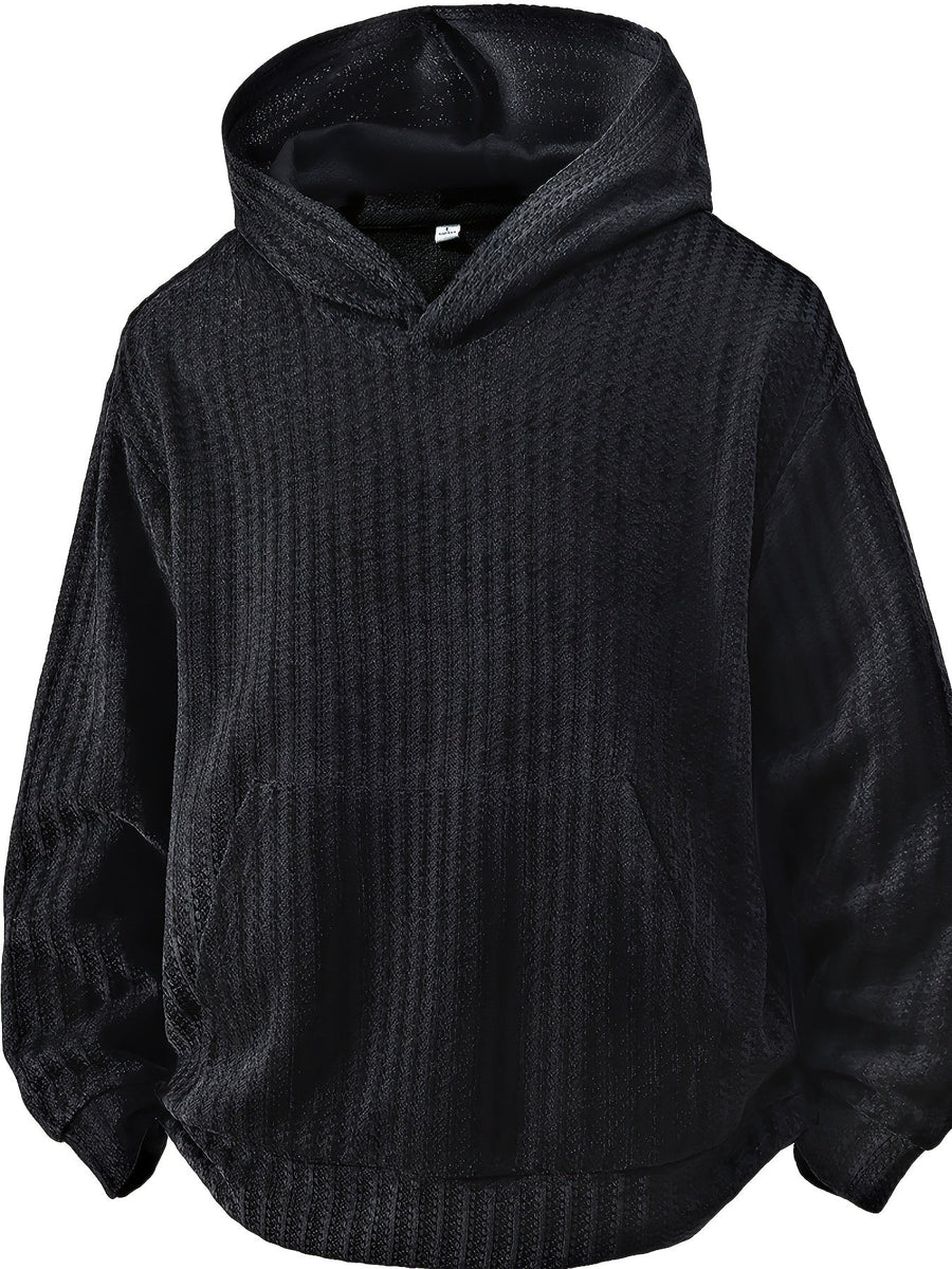 Hoodie med huva och känguruficka, ribbad textur