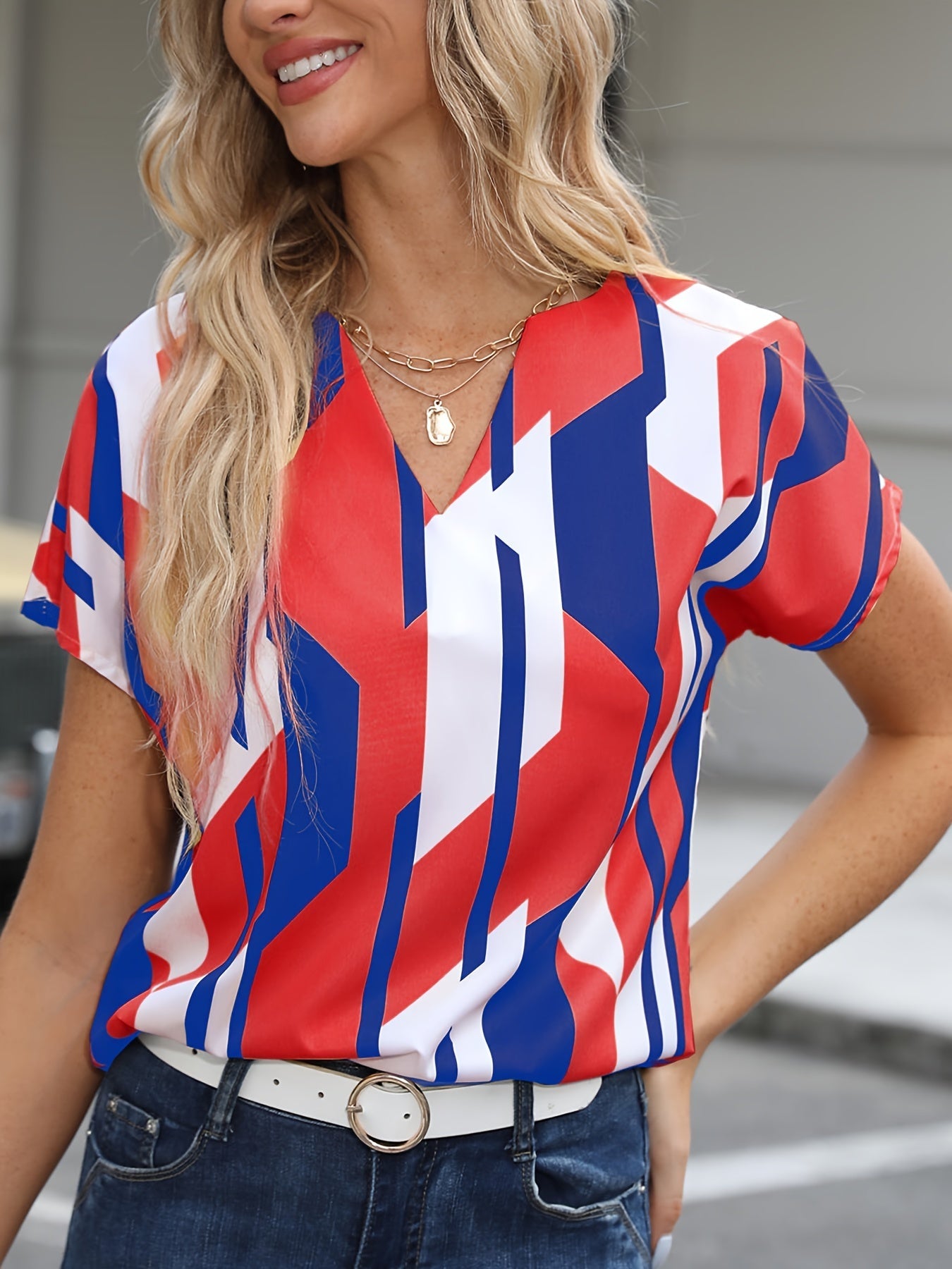 Dam Blus Geometriskt Mönster V-ringad Elegant Sommarblus Kontorsstil