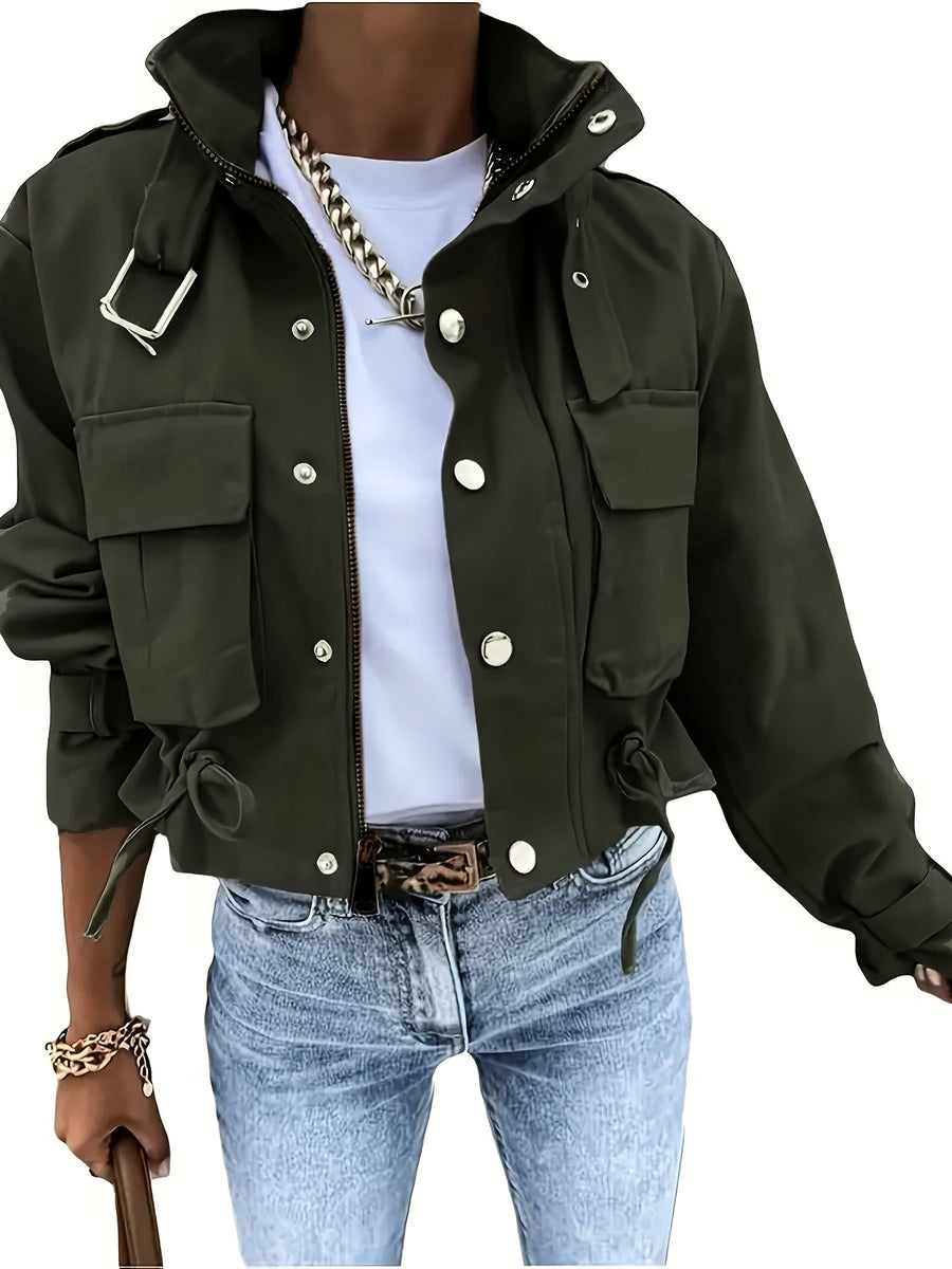 Dam kort jacka med krage och fickor, justerbar midja, militärstil