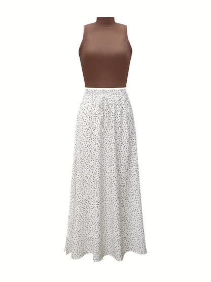 Damlinne med hög hals och blommiga shorts, elegant sommarset