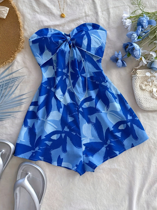 Dam Playsuit Strandstil med Axelbandslös Söt Hjärtringning och Blommigt Mönster
