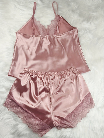 Dam Pyjamasset Med Spetsdetalj – Sexig V-ringad Loungewear För Vår och Sommar