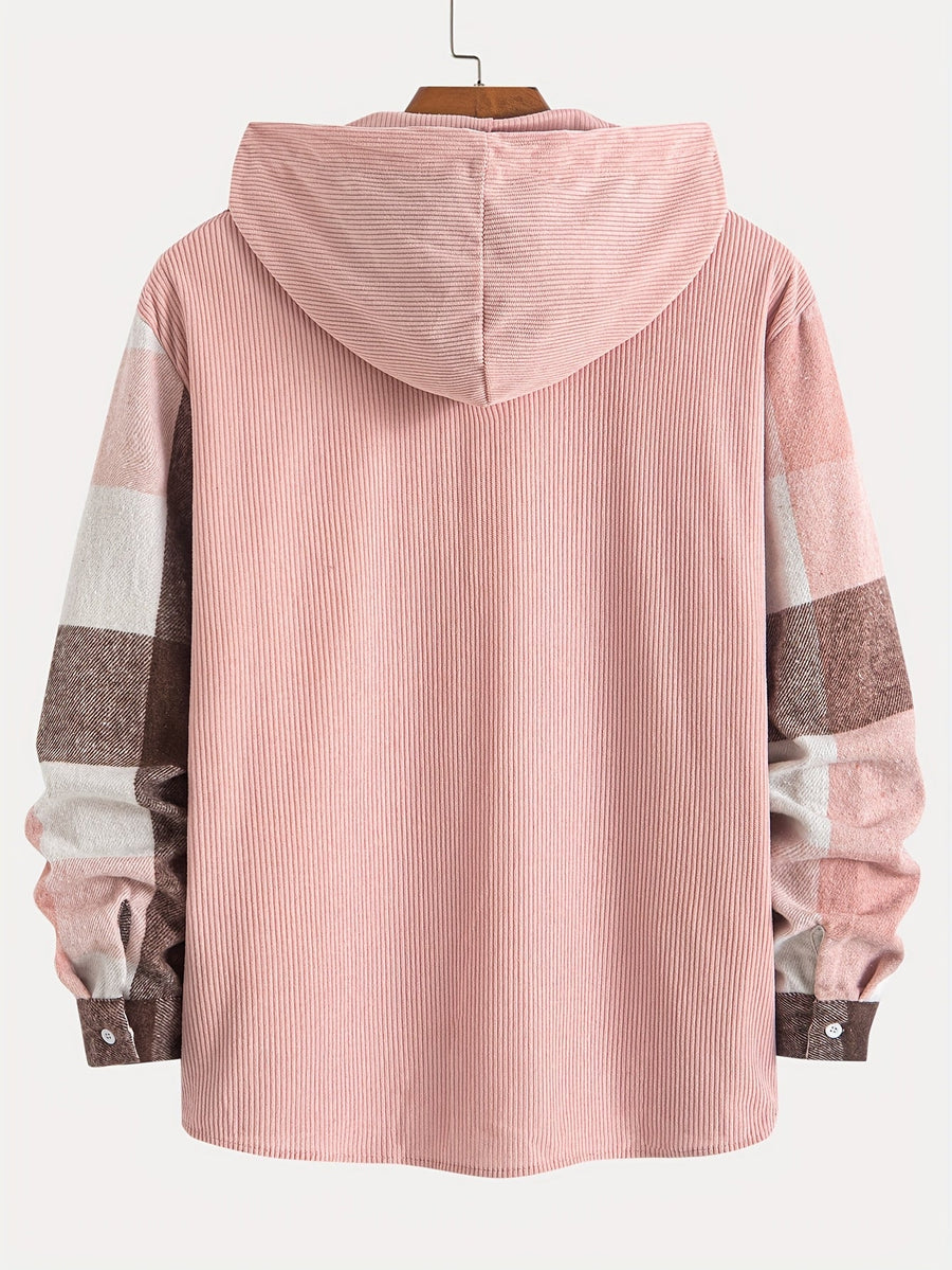 Rutig Overshirt med Huva för Herr, Brun Corduroy Huva och Bröstficka, Knappstängning