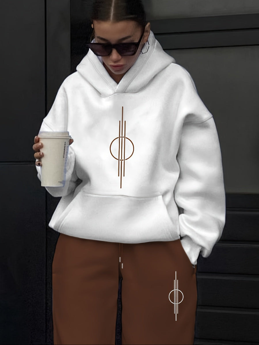 Vit Hoodie och Mjukisbyxor Set med Geometriskt Tryck