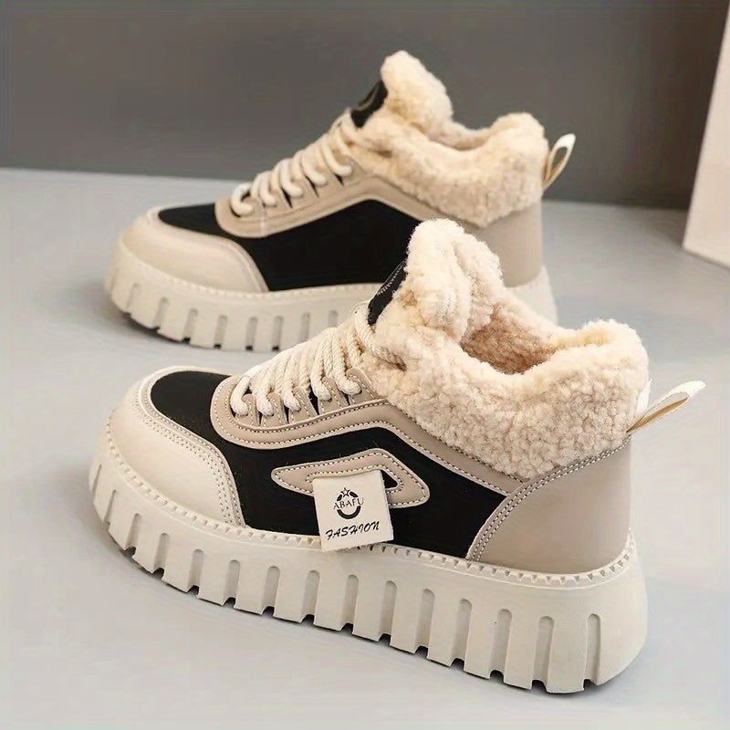 Svarta och beiga plattformssneakers med tjock sula och teddyfoder