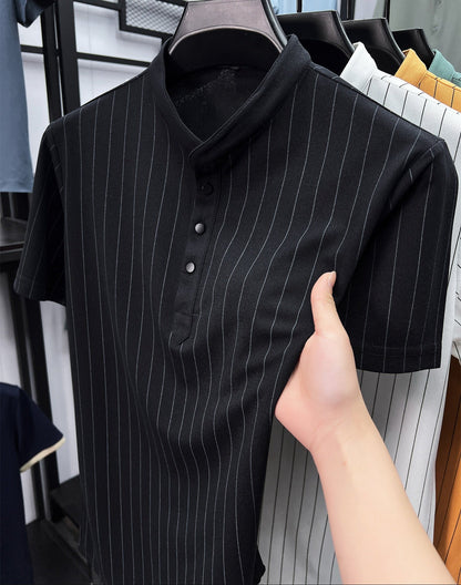 Herrskjorta med kort ärm och ståkrage – Stilren randig design för smart-casual och vardagsbruk