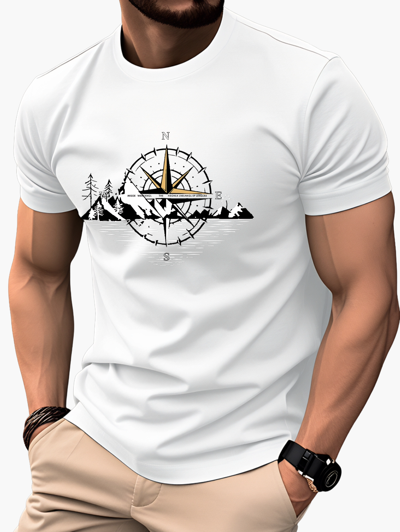 Herr T-shirt med kompass och berg – Äventyrsdesign för friluftsliv och vardag